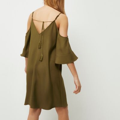Khaki green cold shoulder swing dress